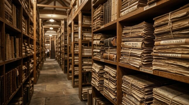 Stacks of files and paperwork on wooden shelves, suggesting historical research, business organization, and extensive records management.