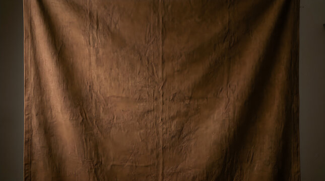 Dark brown fabric cloth hanging with soft folds and shadows for a textured background or design element