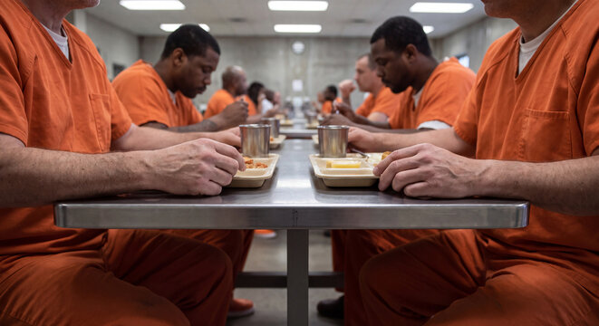 Multiple inmates wearing orange jumpsuits sitting at long tables eating food together inside a prison cafeteria.