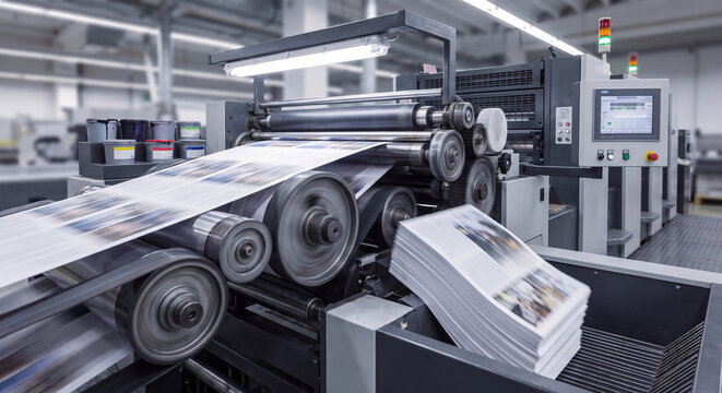 A large automated industrial printing press machine producing printed materials in a commercial print shop.