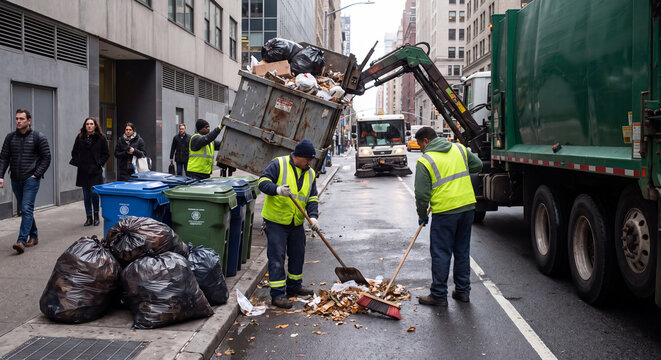 Sanitation workers in high visibility vests emptying heavy bins into a garbage collection truck on a city street.