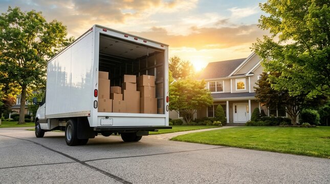 Neighborhood transition day begins with a box filled moving truck parked at a suburban home.