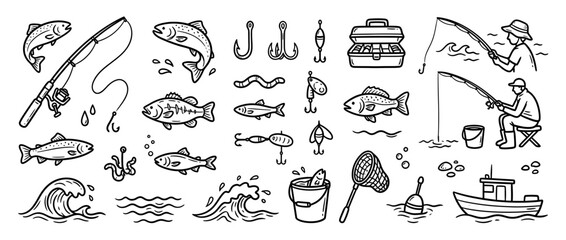 Fishing icons collection on transparent background © titis