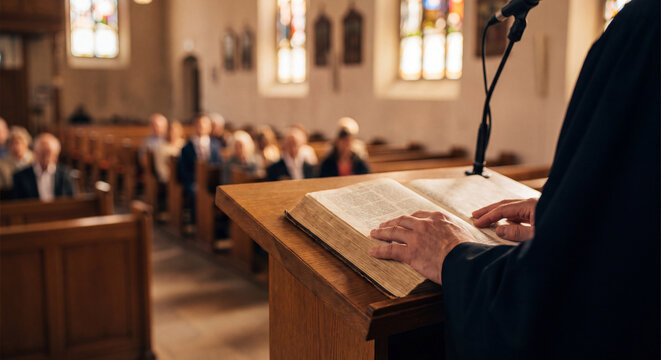 A religious speaker reads from a holy book while standing behind a carved wooden pulpit in a church.