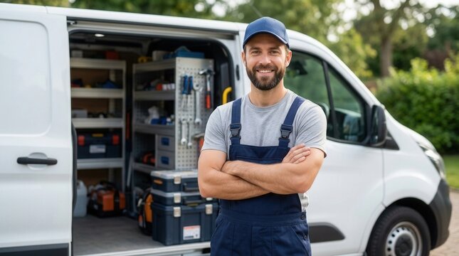 A professional plumber wearing a blue uniform and cap, smiling next to his equipped work van at the site.