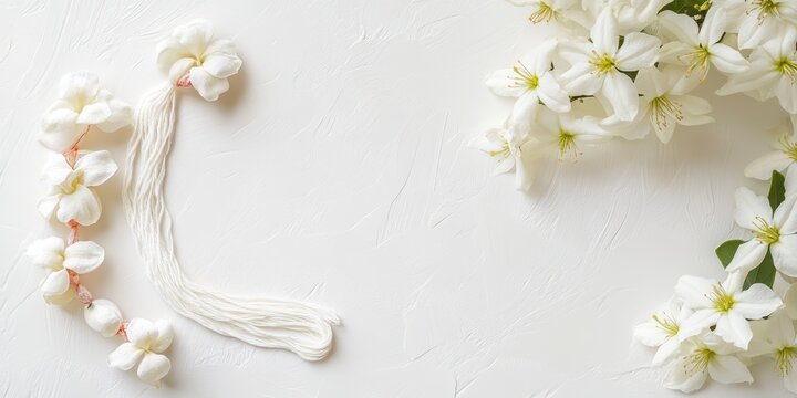 White flowers and a ball of white yarn on a white textured background, raksha bandhan themed photo realistic photo