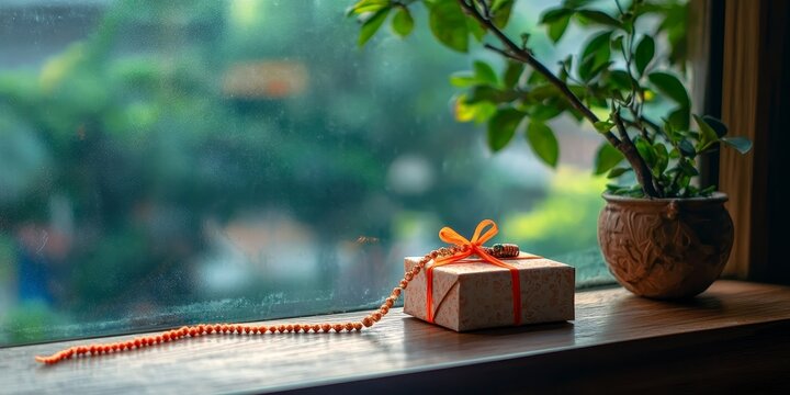 A small gift box wrapped in brown paper with a red string bow sitting on a wooden windowsill, raksha bandhan themed photo realistic photo
