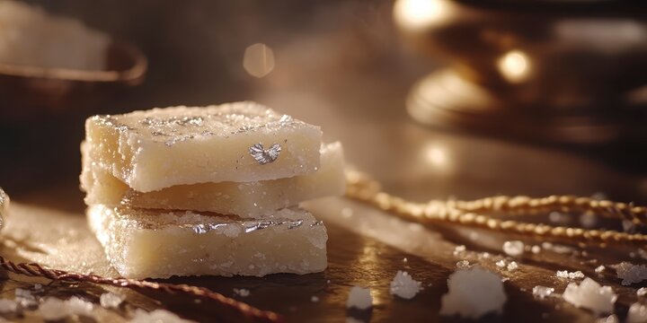 Traditional indian barfi fudge with silver vark and decorative tassel on a festive background, raksha bandhan themed photo realistic photo