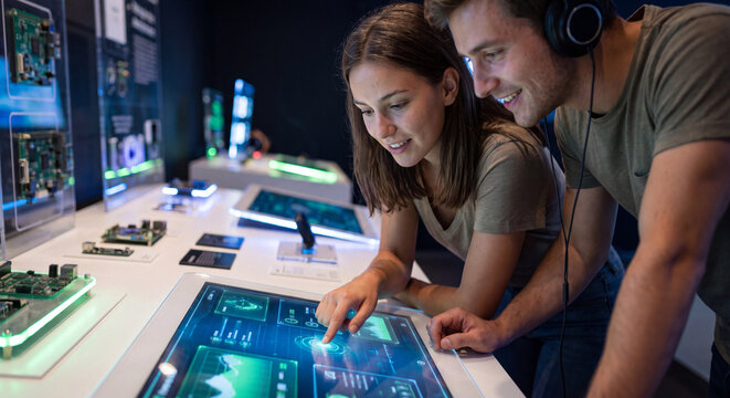 Two professional colleagues work together closely while analyzing data on a glowing high tech computer screen in a laboratory.