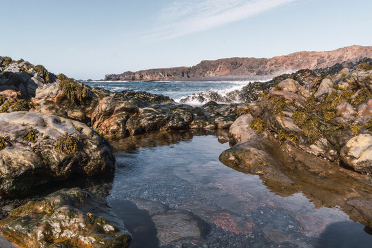 Rocky tidal pool on Iceland coast during scenic trip