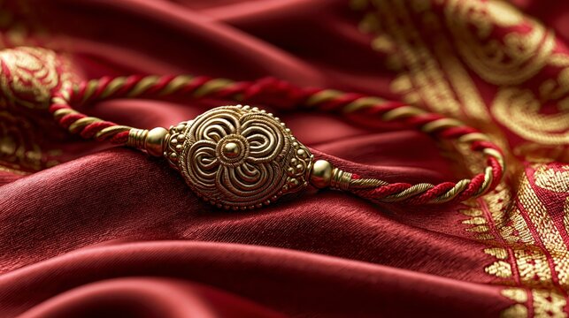Closeup of a traditional gold rakhi bracelet on a red silk fabric background, raksha bandhan themed photo realistic photo