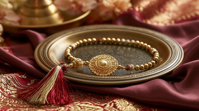 Beautiful rakhi with red gemstones and gold design on silk for raksha bandhan festival, raksha bandhan themed photo realistic photo