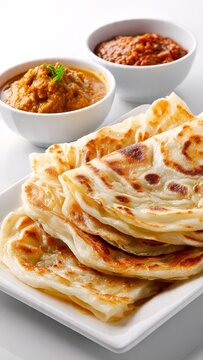 Malaysian Roti Canai with Dhal Curry and Sambal on White Background