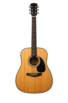 Acoustic guitar isolated on white background, classic wooden design