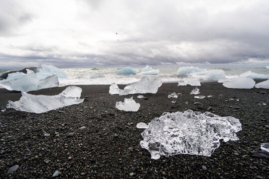 Iceberg fragment on black sand beach in Iceland