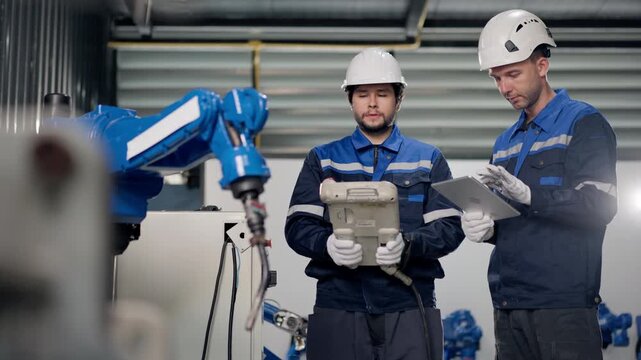 Robotics technicians operate teach pendant beside robotic arm in robot warehouse, performing pre-delivery testing, machine diagnostic, equipment inspection, quality control, robot programming