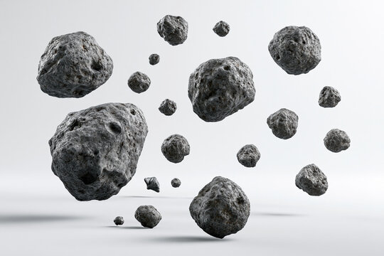 Collection of rugged grey space rocks floating in high fidelity environment, showing detailed textures and irregular shapes with realistic appearance