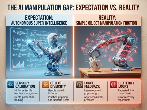 AI manipulation gap infographic, artificial intelligence expectation vs reality comparison, robotic arm and humanoid robot technology concept