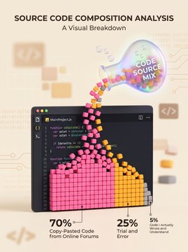 Source code composition analysis infographic, software development concept with 3D blocks, programming humor illustration