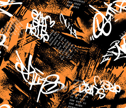 Abstract seamless chaotic pattern with urban graffiti words, scuffed and sprays. Grunge texture background. Wallpaper . Fashion sport style	