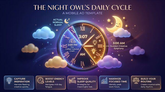 Night owl daily cycle mobile ad template, circadian rhythm clock infographic, sleep schedule routine vector illustration