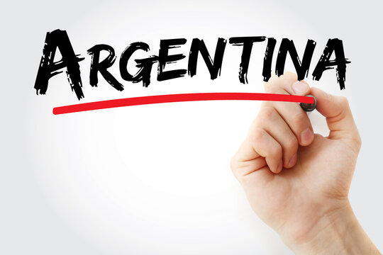 ARGENTINA text written with a marker pen. Argentina is a South American nation celebrated for its vibrant culture, tango music, and diverse natural beauty ranging from peaks to pampas