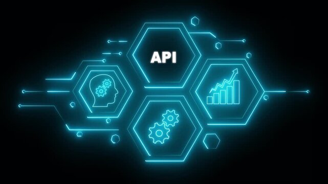 Supply Chain Management api Hexagon Icons Brain Growth Gear Chart Analytics Digital Network Technology Blue Neon Glow Dark Background Abstract Concept