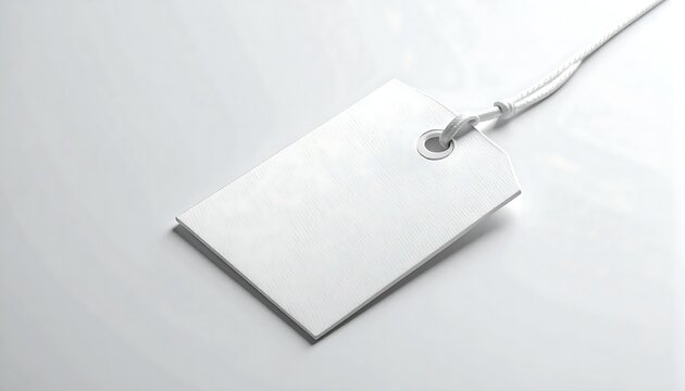 Blank white rectangle tag with a string attached, isolated on a white background, ready for customization or labeling purposes