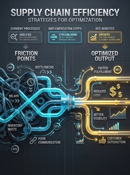 Supply Chain Efficiency strategies for optimization, a detailed infographic illustrating current processes, implementation steps, and key benefits