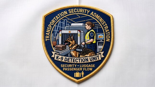 Embroidered patch depicting a woman security officer with a dog at an airport scanner. K-9 detection unit badge for law enforcement and travel safety. Government authority symbol.