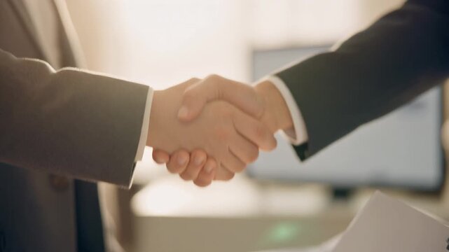 暖色の逆光の中で黒いスーツとグレーのスーツの手が握手を交わす