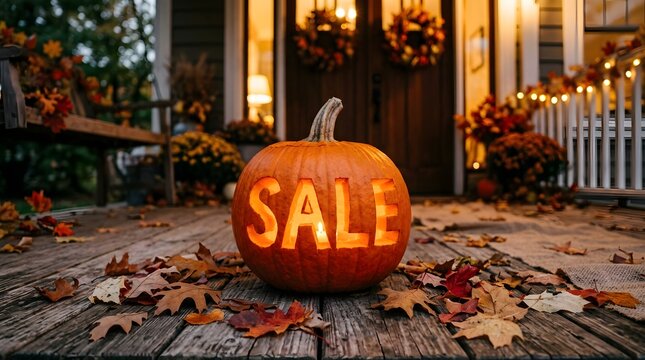 Jackolantern carved with the word sale on a wooden porch with autumn leaves and fall decorations