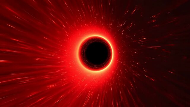 Red cosmic black hole with glowing accretion disk and particle stream