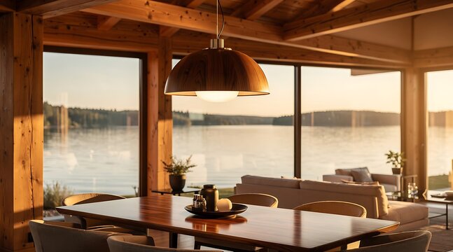 Cozy wooden cabin interior with large windows overlooking a serene lake at sunset.