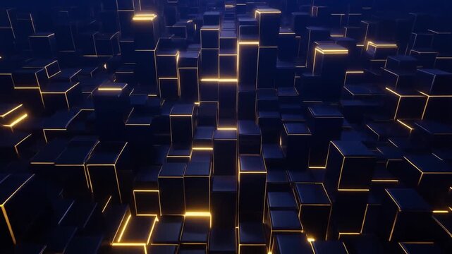紺色の直方体が敷き詰められた面に金色の稜線が浮かび上がりカメラが緩やかに前進するテクノロジー映像