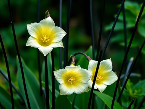 "A trio of creamy white bell flowers with delicate yellow centers, nestled among slender black silhouetted stems and lush greenery", arrangement, interior design