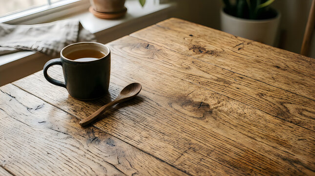 Black coffee mug and spoon sitting on a rustic wooden table in a bright room during the morning time