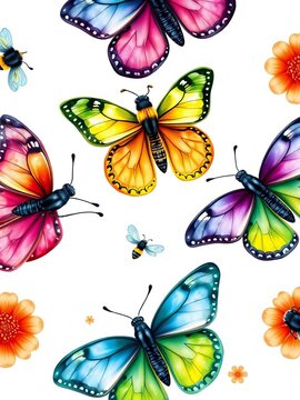 Colorful spring butterflies and bees watercolor clipart vector isolated on a white background, nature, colorful