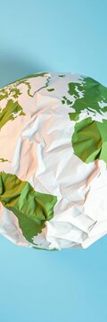 Crumpled paper globe with creased ridges and folds representing earth's imperfections, sustainability, rustling