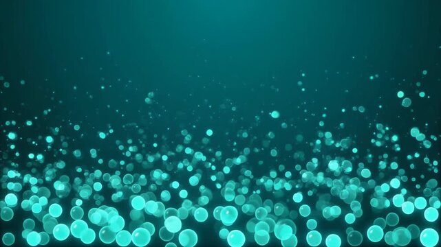 青緑色の背景に青緑の玉ボケが下部に密集し小さな光点が上方へ立ちのぼる抽象映像
