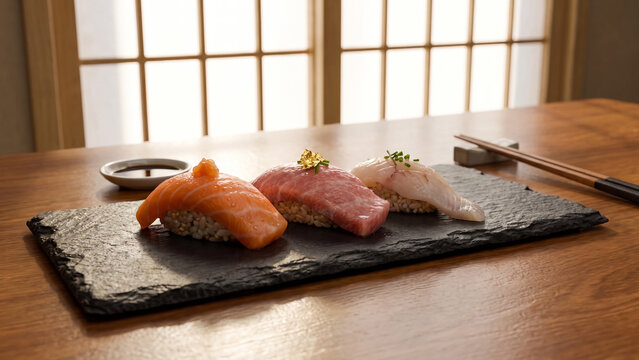 Sushi on a plate - Premium omakase nigiri trio with gold leaf on a black slate