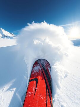 Deep powder snow sprays off tips as board carves through untouched terrain, natural, outdoor