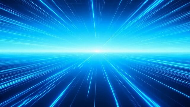 Blue futuristic speed tunnel with radiant light streaks converging toward horizon