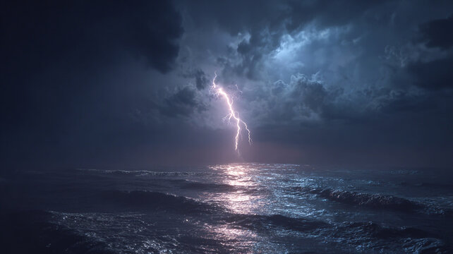 lightning striking ocean surface at night, glowing reflection on waves, storm clouds, powerful nature concept