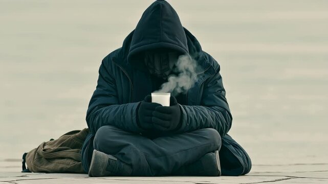 A homeless person sat on the cold street with a cup of hot milk in their hand.