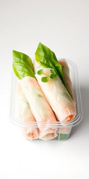 Fresh spring rolls wrapped in clear plastic container on clean white background, Appetizer, ||Clear Plastic Container