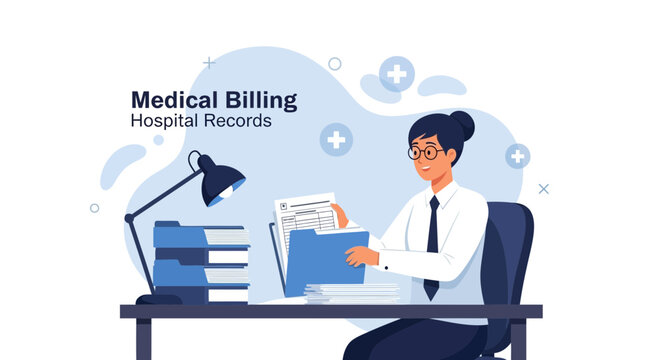 Medical Billing Specialist Working with Hospital Records and Files at Desk