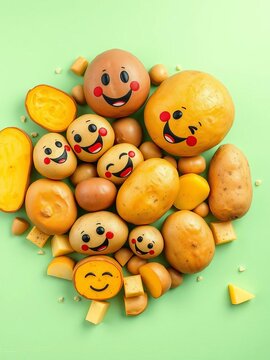 Fun-loving potatoes in various shapes and sizes, joyful, silly