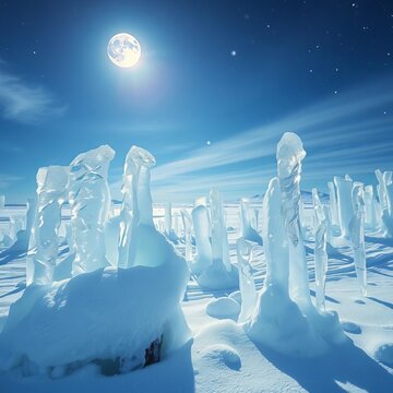 Frozen crystal formations dance across the moonlit winter landscape, magical, serene