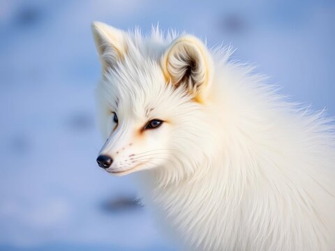 Furry Arctic fox with white fur and bushy tail, ||polar animals, wild animal